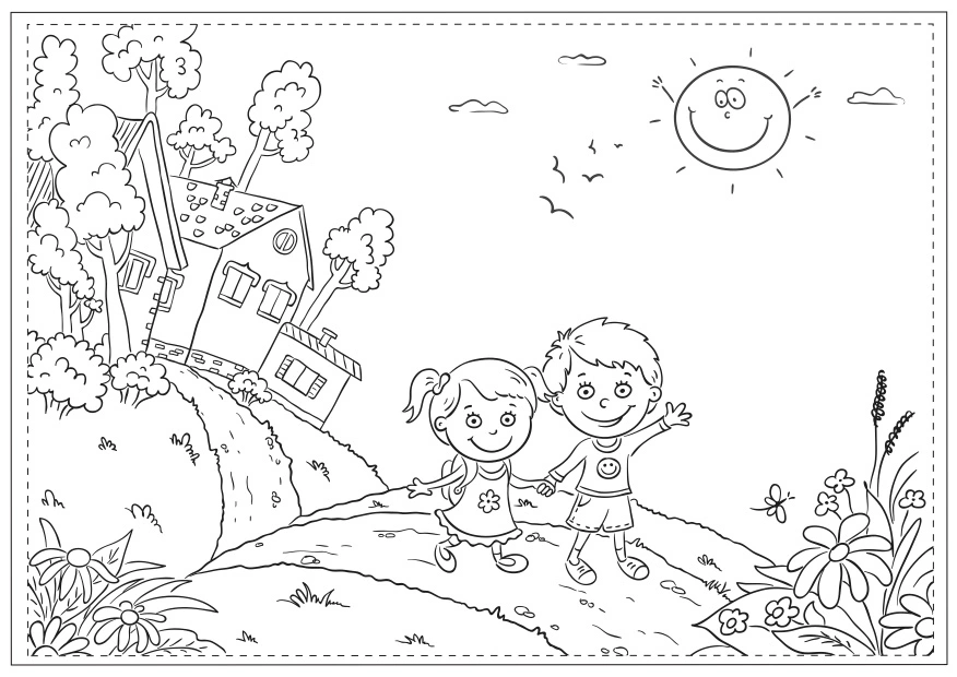 Coloring book children are going for a walk because it is summer